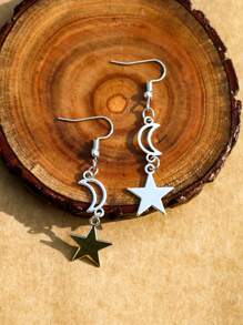 ROMWE Grunge Punk 1pair Fashion Zinc Alloy Moon & Star Drop Earrings For Women For Daily Decoration - Màu Bạc Cổ - Xem 4