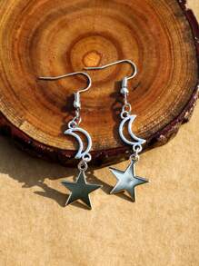 ROMWE Grunge Punk 1pair Fashion Zinc Alloy Moon & Star Drop Earrings For Women For Daily Decoration - Màu Bạc Cổ - Xem 5