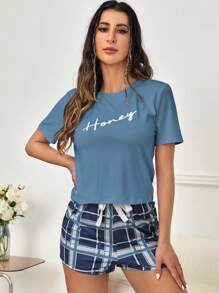 Bộ đồ ngủ Nữ Nơ Bướm Lá thư Sọc ca rô - Xanh và trắng - Xem 4