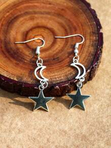 ROMWE Grunge Punk 1pair Fashion Zinc Alloy Moon & Star Drop Earrings For Women For Daily Decoration - Màu Bạc Cổ - Xem 6
