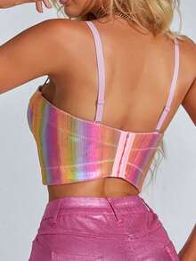 性感黑色亮片紧身胸衣细肩带上衣派对音乐节约会之夜全息短款上衣万圣节服装女士外出装 - 粉色 - 查看 2