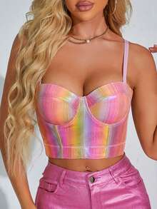 性感黑色亮片紧身胸衣细肩带上衣派对音乐节约会之夜全息短款上衣万圣节服装女士外出装 - 粉色 - 查看 3