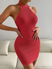 SHEIN Privé Đầm Lộ Lưng Gân đan màu trơn Giải trí - Màu Cam cháy - Xem 4