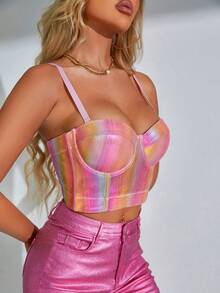 性感黑色亮片紧身胸衣细肩带上衣派对音乐节约会之夜全息短款上衣万圣节服装女士外出装 - 粉色 - 查看 5