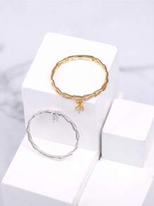 Nhẫn thiết kế dây chuyền bạc trang trí bằng đá khối Zirconia - Vàng - Xem 4