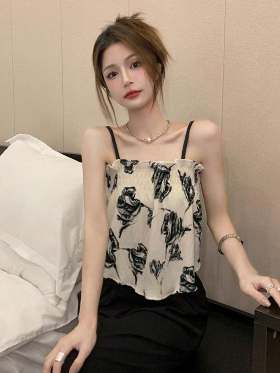 Áo khoác và áo lót dành cho xe tăng nữ Bất đối xứng viền lá sen Dải chun Hoa Tất cả trên in Giải trí - Màu be - Xem 1