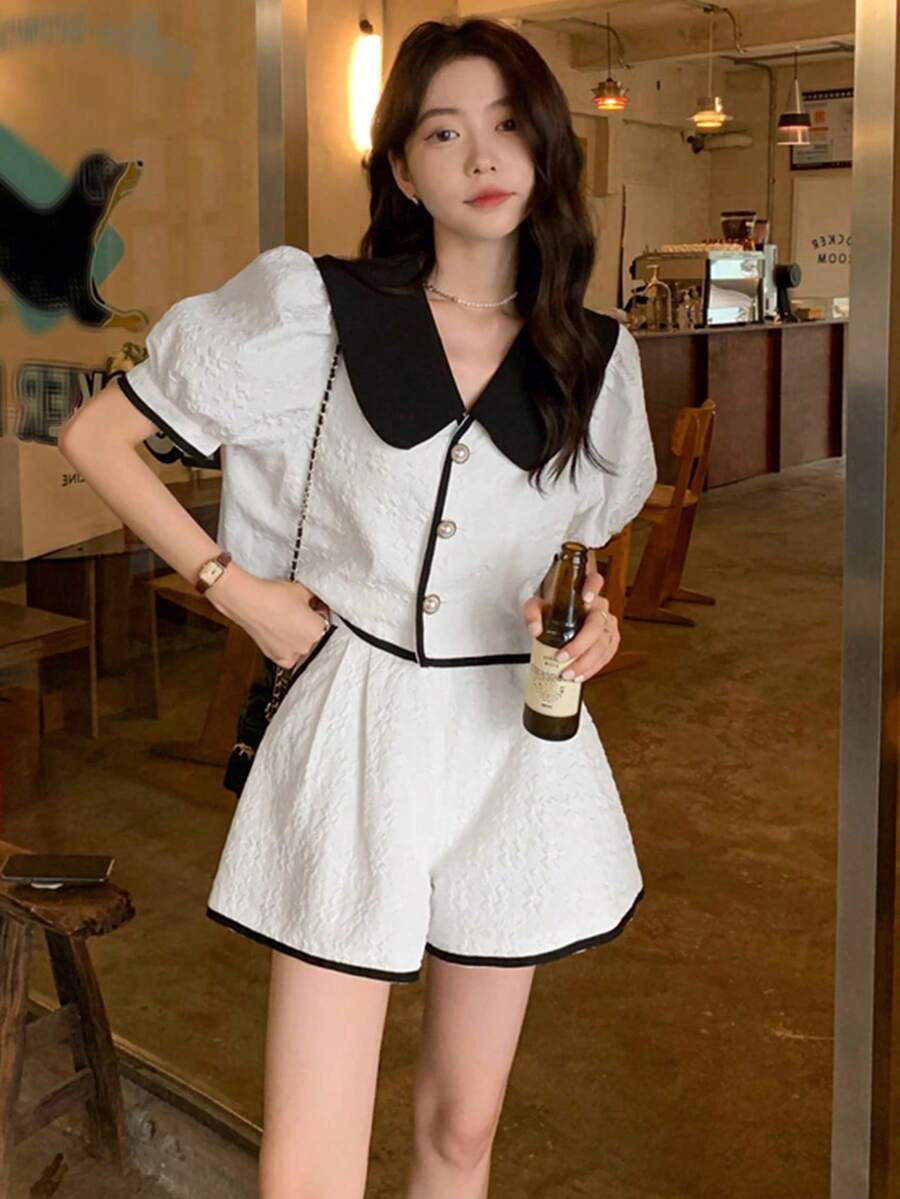 Contrast Statement Collar Puff Sleeve Blouse & Shorts - White - View 1