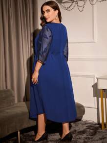 SHEIN Clasi Plus Mesh Sleeve Belted Dress - Navy Blue - View 2