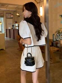 Contrast Statement Collar Puff Sleeve Blouse & Shorts - White - View 2