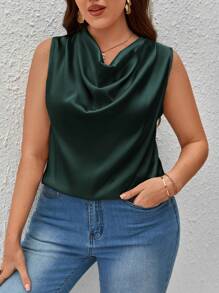 SHEIN Privé 大碼垂領無袖緞面襯衫 - 綠色 - 查看 4