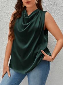 SHEIN Privé 大碼垂領無袖緞面襯衫 - 綠色 - 查看 5