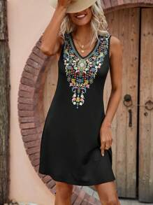 EMERY ROSE Floral Print Tank Dress - Black - View 1