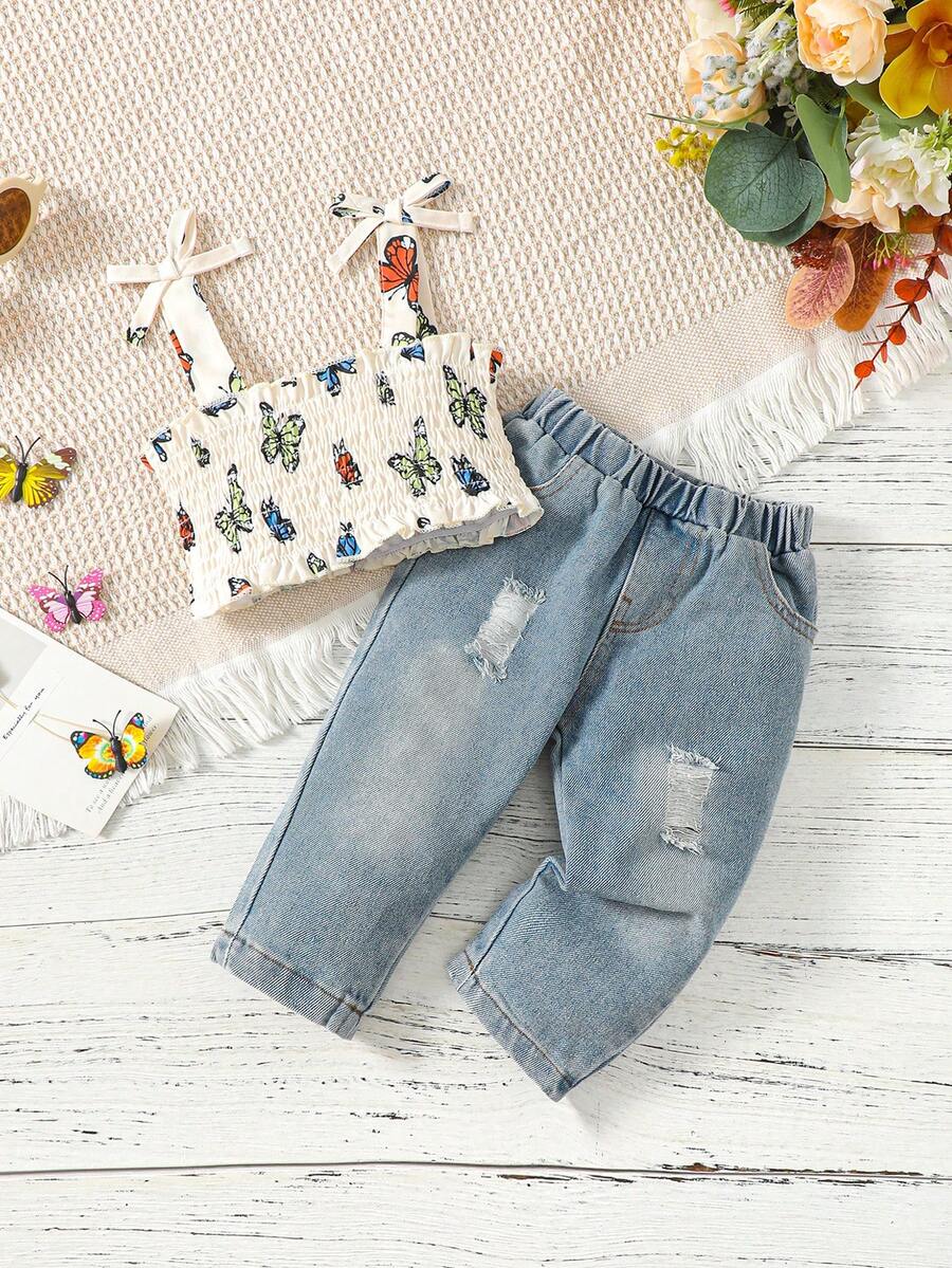 寶寶女孩蝴蝶印花背心上衣和撕裂鬆緊漂白牛仔褲 - 彩色 - 查看 1