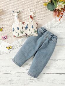 寶寶女孩蝴蝶印花背心上衣和撕裂鬆緊漂白牛仔褲 - 彩色 - 查看 2