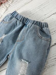 寶寶女孩蝴蝶印花背心上衣和撕裂鬆緊漂白牛仔褲 - 彩色 - 查看 4