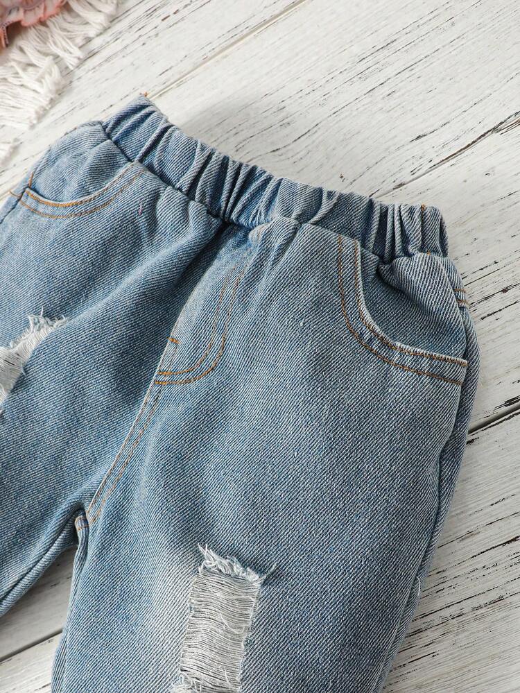 寶寶女孩蝴蝶印花背心上衣和撕裂鬆緊漂白牛仔褲 - 彩色 - 查看 4