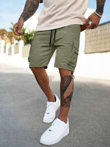 Manfinity Homme Men Loose Flap Pocket Side Drawstring Waist Cargo Shorts - Army Green - View 1