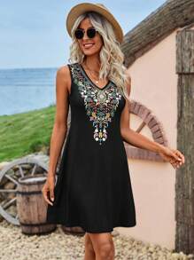 EMERY ROSE Floral Print Tank Dress - Black - View 6