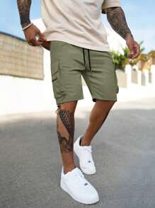 Manfinity Homme Men Loose Flap Pocket Side Drawstring Waist Cargo Shorts - Army Green - View 3