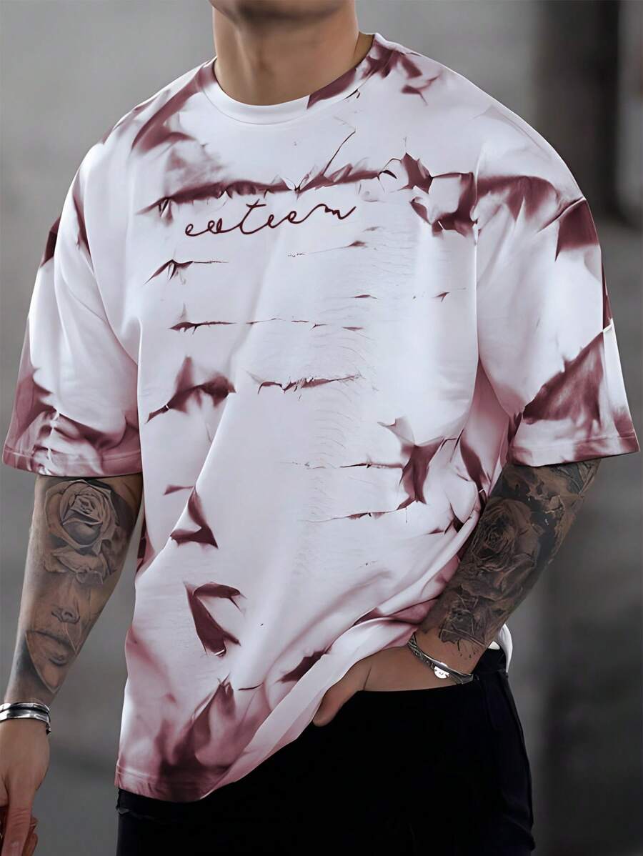 Manfinity LEGND Men Tie Dye Letter Graphic Tee, Pink And White Graphic Tee Men, Drop Shoulder Printed Tshirt For Men, Light Pink Graphic Shirt - Red and White - View 1