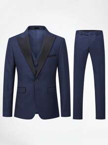 CLOUDSTYLE 男士西裝領翻蓋細節西裝外套和背心和褲子套裝套裝 - 藏蓝色 - 查看 1