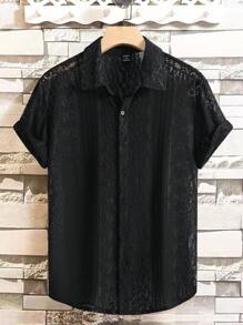 Manfinity RSRT 男士素色前排扣蕾絲襯衫 - 黑色 - 查看 1