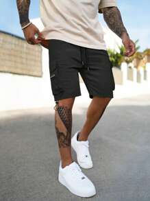 Manfinity Homme Men Flap Pocket Side Drawstring Waist Cargo Shorts - Black - View 4