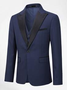 CLOUDSTYLE 男士西裝領翻蓋細節西裝外套和背心和褲子套裝套裝 - 藏蓝色 - 查看 6