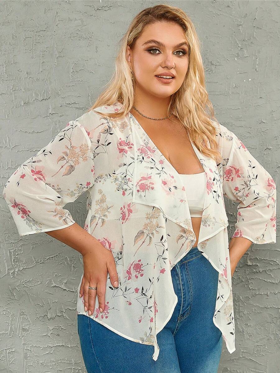 大碼印花不對稱下擺開門襟落肩袖外套