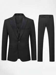 CLOUDSTYLE Men Lapel Neck Flap Detail Blazer & Vest & Pants Suit Set - Black - View 1