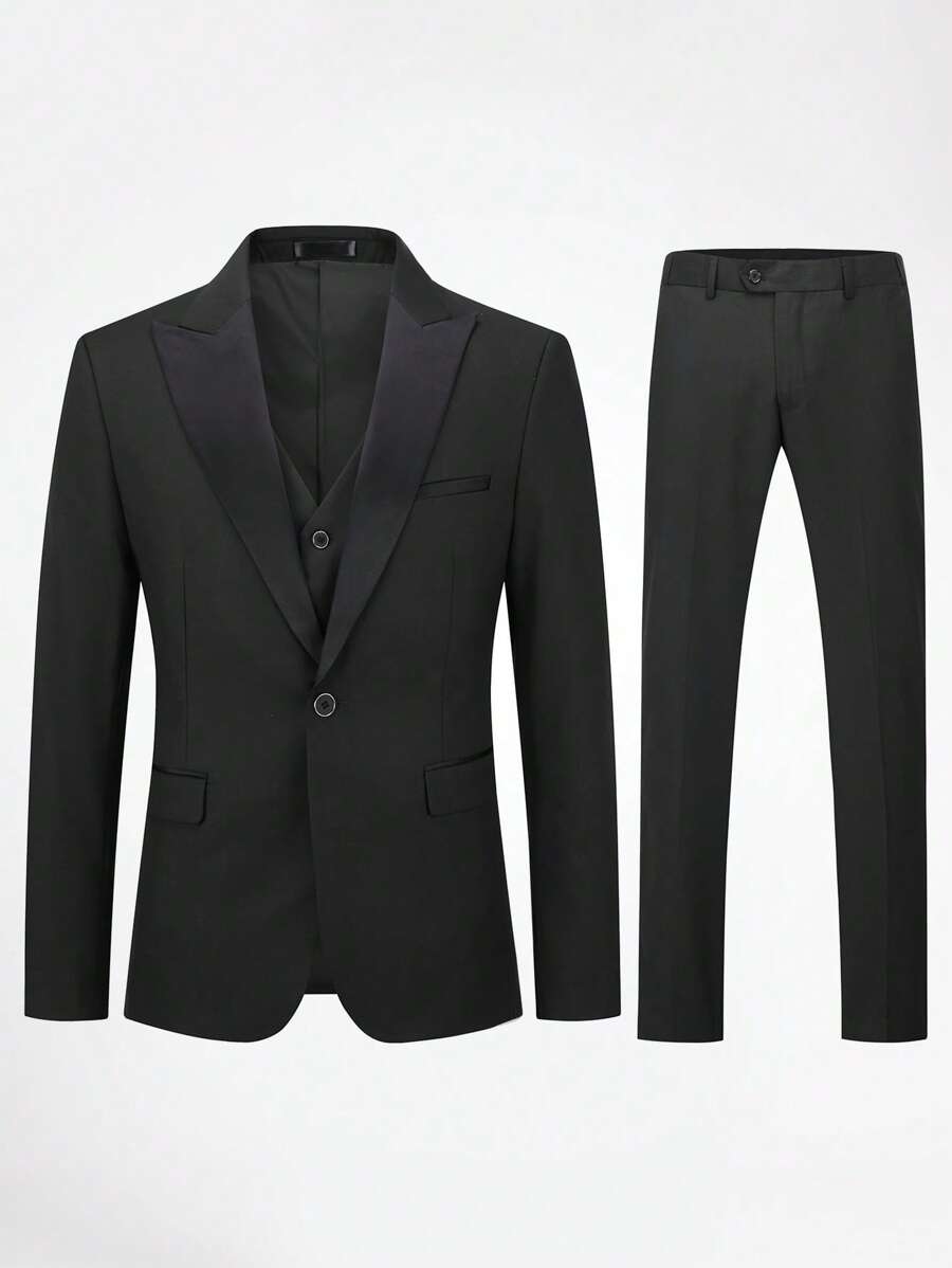 CLOUDSTYLE Men Lapel Neck Flap Detail Blazer & Vest & Pants Suit Set - Black - View 1