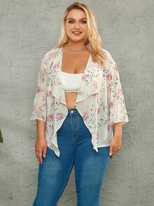 大碼印花不對稱下擺開門襟落肩袖外套