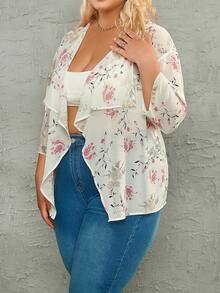 大碼印花不對稱下擺開門襟落肩袖外套