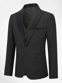CLOUDSTYLE Men Lapel Neck Flap Detail Blazer & Vest & Pants Suit Set - Black - View 4