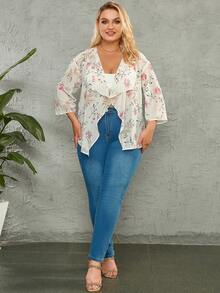 大碼印花不對稱下擺開門襟落肩袖外套