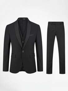 CLOUDSTYLE Men Flap Detail Blazer & Vest & Trousers Suit Set - Black - View 1