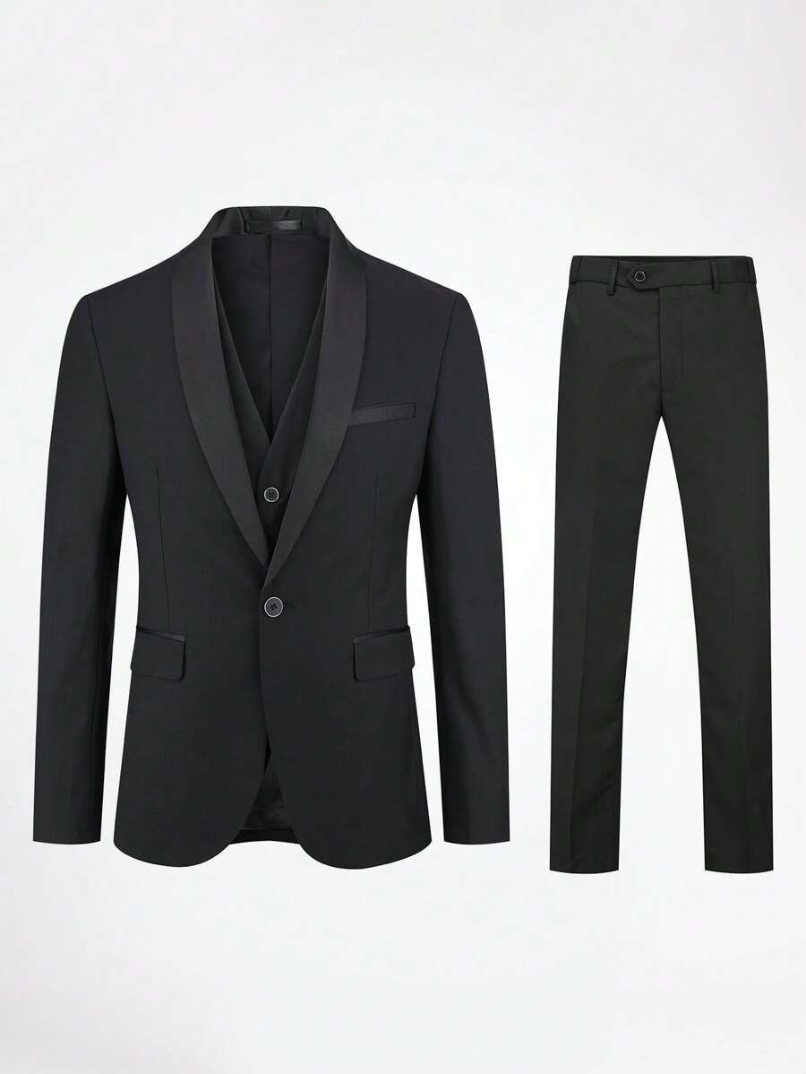 CLOUDSTYLE Men Flap Detail Blazer & Vest & Trousers Suit Set - Black - View 1