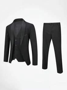 CLOUDSTYLE Men Flap Detail Blazer & Vest & Trousers Suit Set - Black - View 4