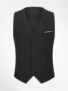 CLOUDSTYLE Men Flap Detail Blazer & Vest & Trousers Suit Set - Black - View 5