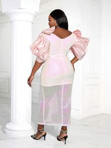 Plus Contrast Mesh Puff Sleeve Split Thigh Sequin Dress - Pink - View 2