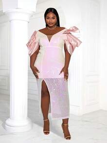 Plus Contrast Mesh Puff Sleeve Split Thigh Sequin Dress - Pink - View 3