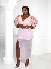 Plus Contrast Mesh Puff Sleeve Split Thigh Sequin Dress - Pink - View 4