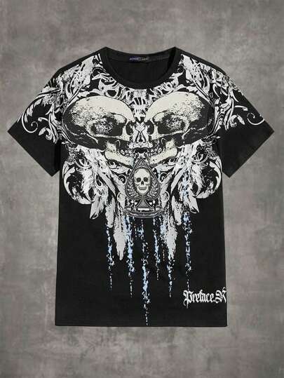Grunge Punk Men Cotton Skull Print Tee, School