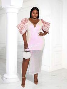 Plus Contrast Mesh Puff Sleeve Split Thigh Sequin Dress - Pink - View 6