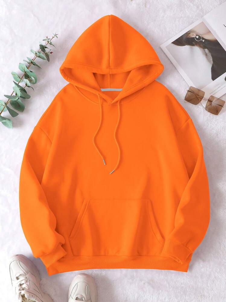 INAWLY Plus Size Pocket Drawstring Thermal Lined Sweatshirt, For Winter Fall Autumn - Orange - View 1