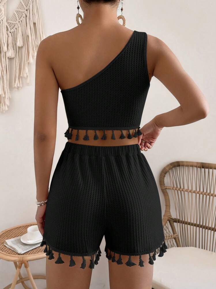 Breezaya אסימטרי קצוות פרומים ציצית פשוט בוהו אאוטפיט שני חלקים לנשים - שחור - ראה 2