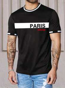 Manfinity Homme 男士字母圖案拼接邊T恤 - 黑色 - 查看 1