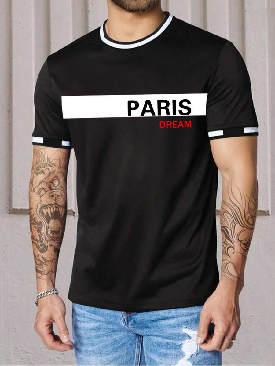 Manfinity Homme 男士字母圖案拼接邊T恤 - 黑色 - 查看 1