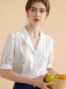 Simple Retro Floral Embroidery Lapel Collar Puff Sleeve Shirt - White - View 1