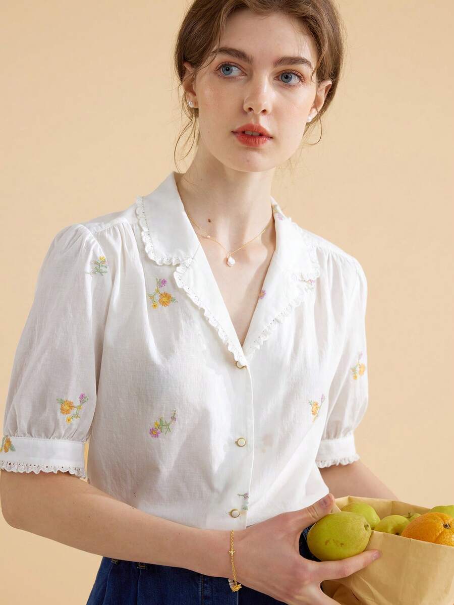Simple Retro Floral Embroidery Lapel Collar Puff Sleeve Shirt - White - View 1